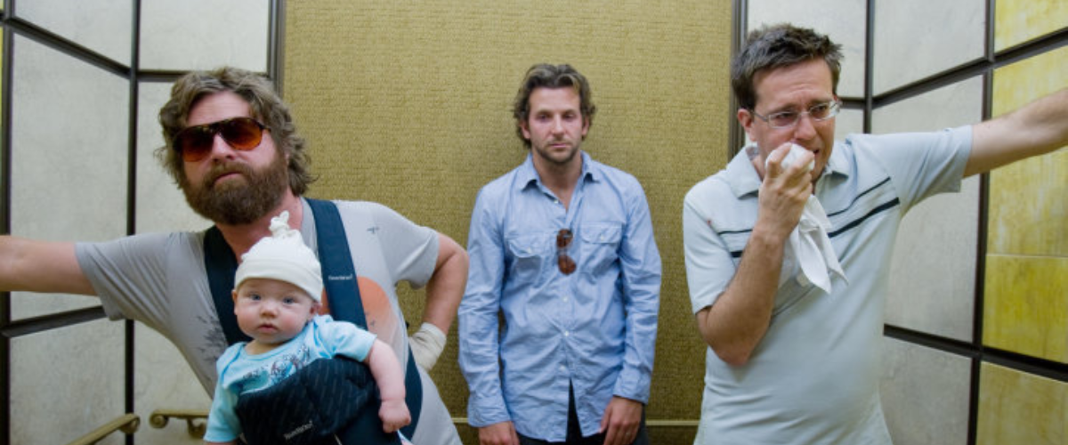 Zach Galifianakis, Bradley Cooper, and Ed Helms in an elevator at Caesars Palace